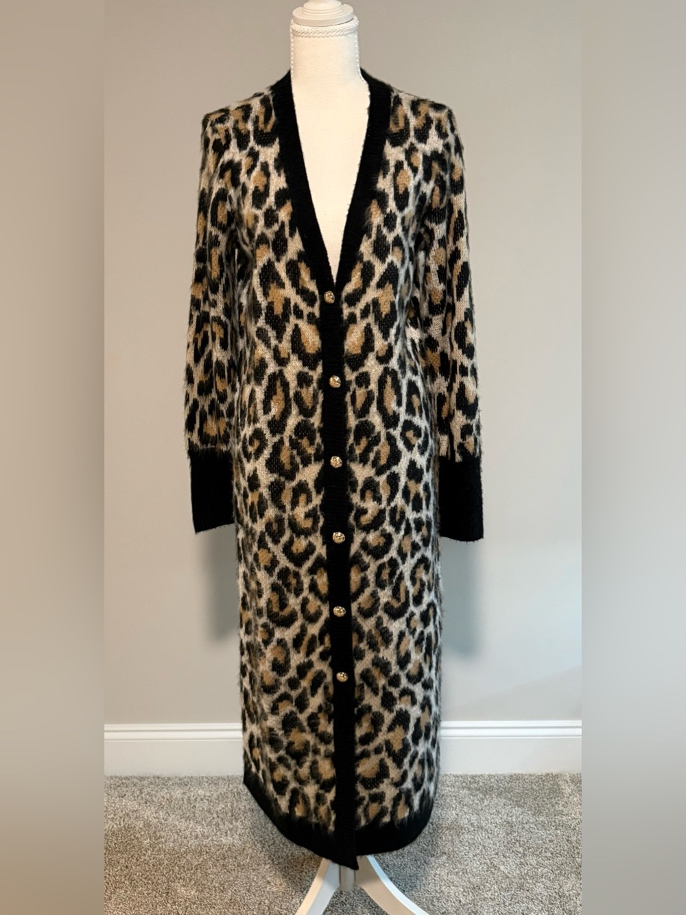 OLIVIA CULPO Leopard Print Long Midi Cardigan Sweater with Gold Buttons Small